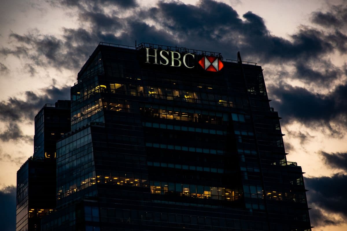 Facade of a modern bank building at sunset